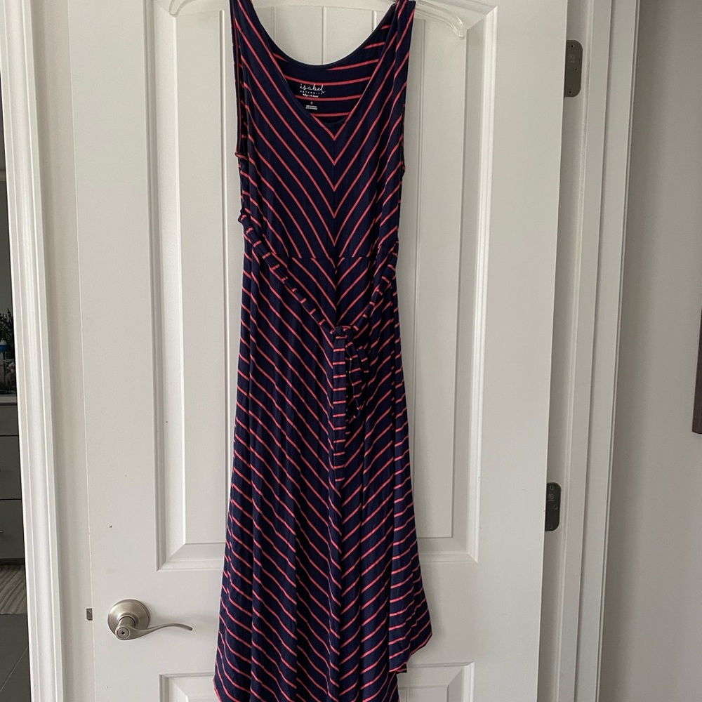 Maternity Navy & pink striped high low dress